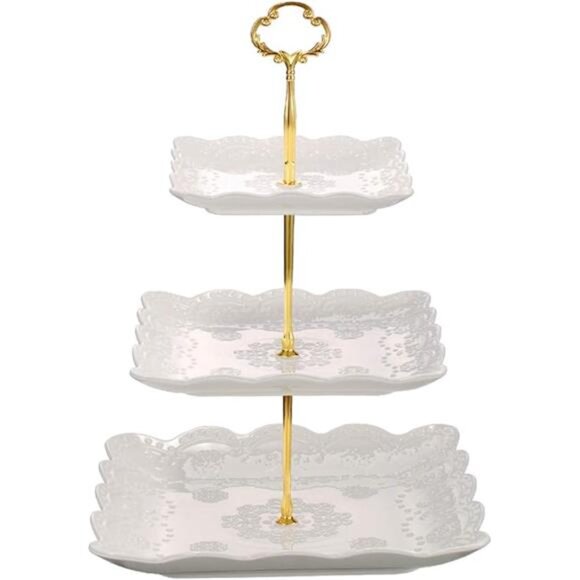 3 Tier Porcelain Cupcake Stand, Tiered Serving Cake Stand, Square White Embossed - Picture 7 of 7